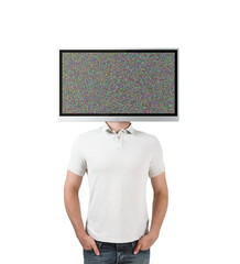 A man in a white polo shirt with a television head displaying static noise on a white background,...