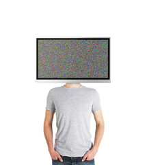 A man with a TV screen for a head displaying static noise, on a white background, evoking a concept...