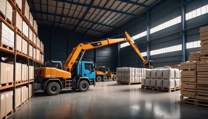 A telehandler maneuvering through a spacious warehouse, efficiently handling cargo with precision and care. AI Generation