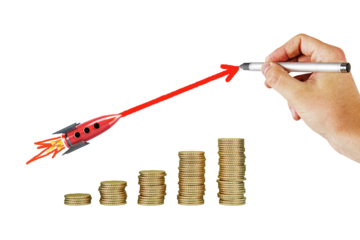Hand drawing a rising arrow representing growth, with a rocket and coin stacks against white background, depicting financial success concept
