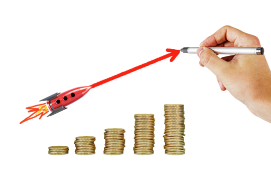 Hand drawing a rising arrow representing growth, with a rocket and coin stacks against white background, depicting financial success concept