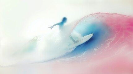 A surfer rides a wave in a watercolor painting.