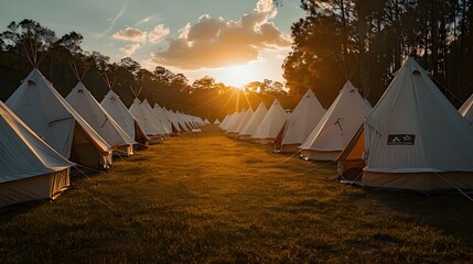Meadow outdoor with camping white tents against a background of trees green and sky blue. - obrazy, fototapety, plakaty