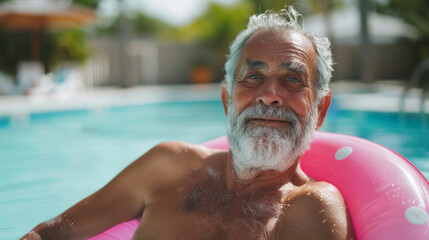 Portrait of happy mature old caucasian man in a pink rubber swimming pool ring on at hotel club swimming pool during summer vacation