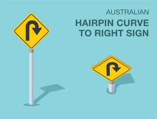 Traffic regulation rules. Isolated Australian "hairpin curve to right" road sign. Front and top view. Flat vector illustration template.