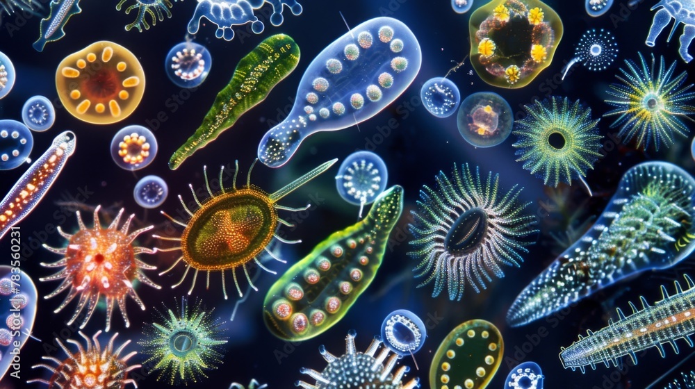 Poster a of microscopic protozoa species each exhibiting a different shape and movement pattern highlightin