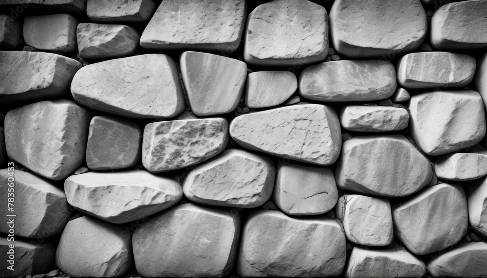 Poster black and white image capturing the detailed texture of a cobblestone wall, showcasing varying shape