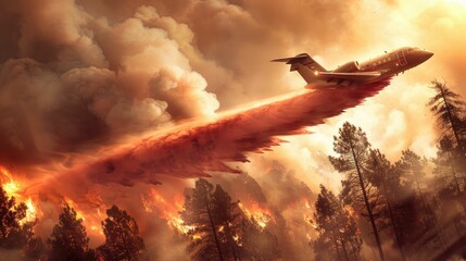 Firefighting aircraft swooping low, releasing a torrent of fire retardant over a blazing forest - obrazy, fototapety, plakaty