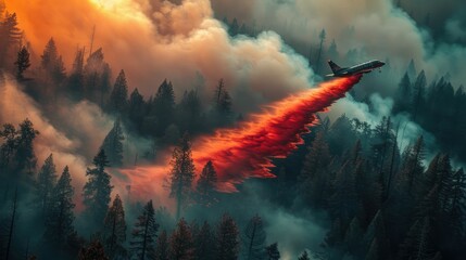 Firefighting aircraft swooping low, releasing a torrent of fire retardant over a blazing forest - obrazy, fototapety, plakaty