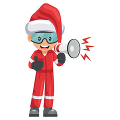 Industrial mechanic worker with Santa Claus hat making an announcement with a megaphone. Concept of leadership, communication, training and motivation. Industrial safety and occupational health