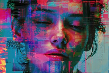 The close up picture of human face with emotionless expression that the picture has neon glitch effect that feels like from scifi or science fiction futuristic cyberpunk artstyle yet dystopia. AIGX01.