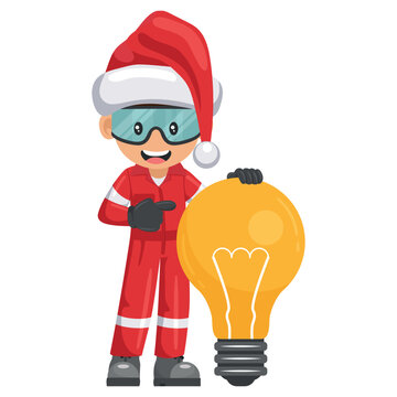 Industrial mechanic worker with a giant light bulb with Santa Claus hat. Creative concept for the generation of ideas. Merry christmas. Industrial safety and occupational health at work