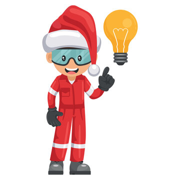 Industrial mechanic worker with a light bulb with Santa Claus hat. Creative concept for the generation of ideas. Merry christmas. Industrial safety and occupational health at work