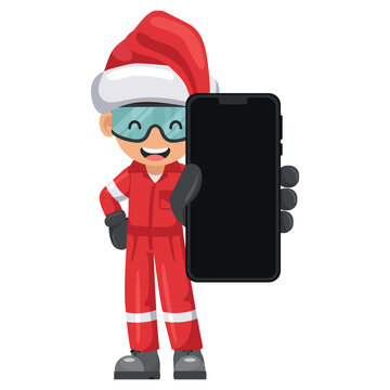 Industrial mechanic worker with Santa Claus hat with mobile phone. Concept of communication, notification and contact. Merry christmas. Industrial safety and occupational health at work