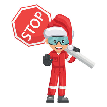 Industrial mechanic worker with Santa Claus hat with stop sign. Engineer with his personal protective equipment. Merry christmas. Safety first. Industrial safety and occupational health at work