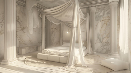 Conceptualize a serene bedroom oasis with faux marble accents and soft, ethereal drapery for a dreamy ambiance.
