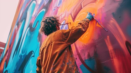 An artist painting a mural on an urban wall, colorful street art, creative expression in a city...