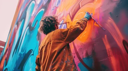 Foto op Plexiglas An artist painting a mural on an urban wall, colorful street art, creative expression in a city environment. Resplendent. © Summit Art Creations