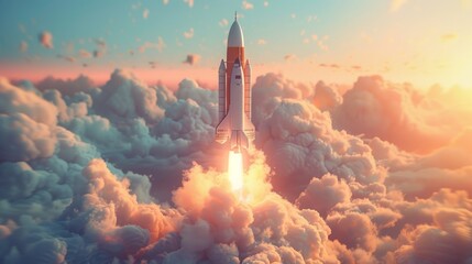 A space shuttle ascends triumphantly through a sea of clouds at dawn - obrazy, fototapety, plakaty