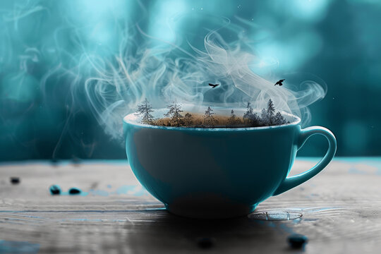 Surreal steaming coffee cup encapsulates a mystical forest landscape with flying birds.