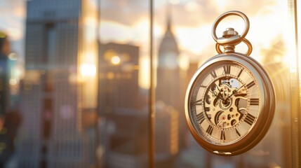 Golden pocket watch emphasizes time against busy financial district. Pocket watch set against financial towers, glowing in sunset.