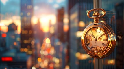 Golden pocket watch emphasizes time against busy financial district. Pocket watch set against financial towers, glowing in sunset.