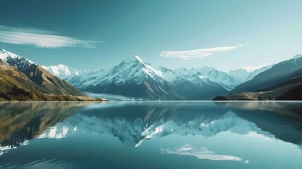 Mountains reflecting in the lake, Cinematic shot of water and snow on the sky. - obrazy, fototapety, plakaty
