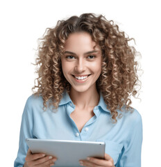 woman with curly hair wearing blue shirt holding tablet computer isolated on transparent background