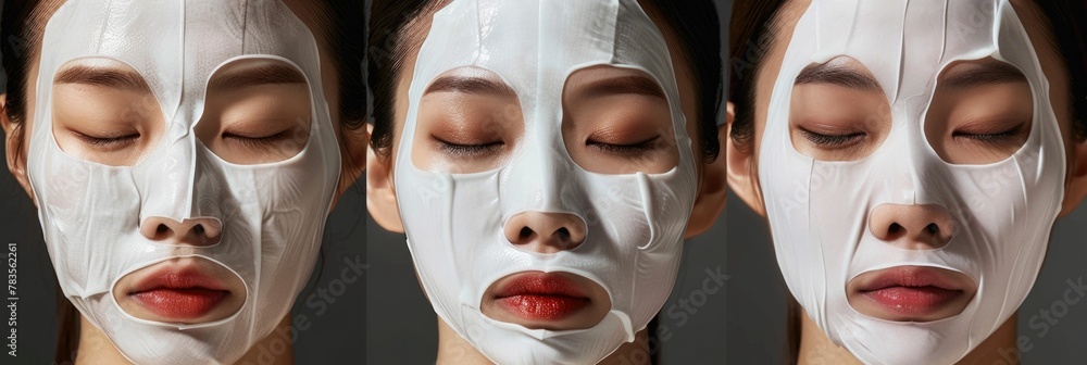 Poster collagen mask application for refined skin texture and firm complexion in a minimalist setting