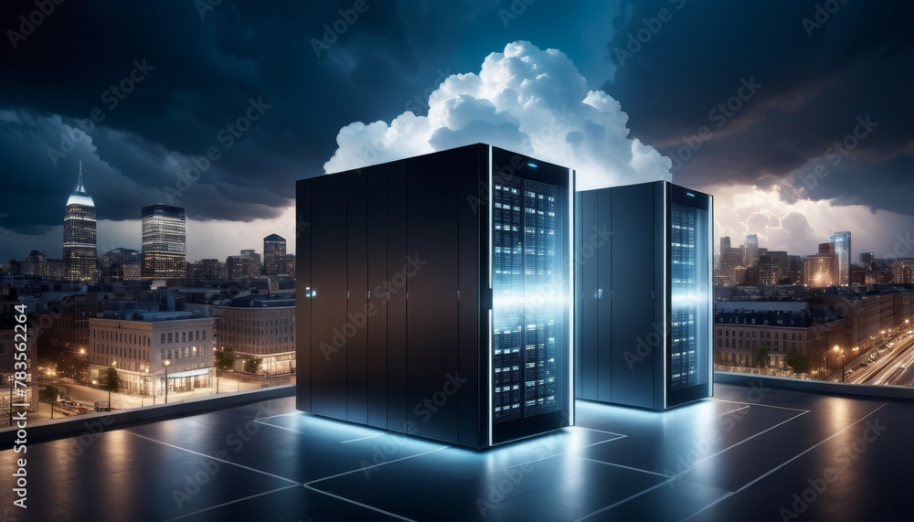 Poster imposing data centers stand against a dramatic city backdrop, symbolizing the cloud computing revolu