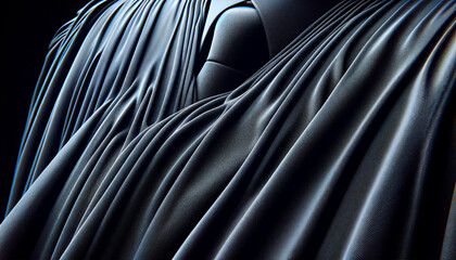 Fototapeta premium Close-up of the textured fabric of a black judge's robe. Symbolizing the dignity and severity of judicial responsibility.