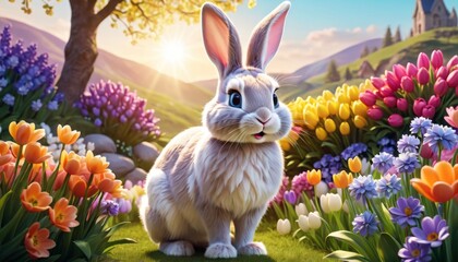 An endearing bunny sits amidst tulips in a lush garden, basking in the golden glow of a spring sunrise.. AI Generation. AI Generation