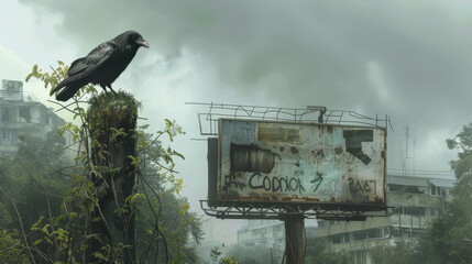 Fototapeta premium Observant raven perching high on a billboard in a lushly overgrown cityscape