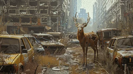 Fotobehang Stag stands amidst urban decay, a silent observer of a world paused in disarray © doraclub