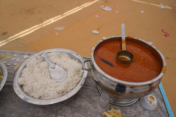 Daal Bhat Traditional Gujarati Food in Indian Wedding, Dal rice in Indian Rural village weddings