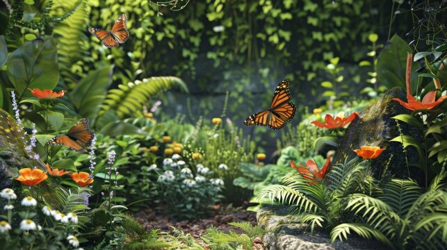 Step into a dreamy butterfly hideaway where lush greenery and graceful butterflies coexist in perfect harmony. This podium image captures . .