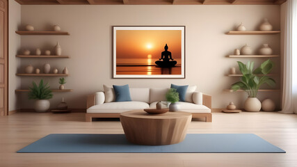 The interior of a cozy yoga room in beige burgundy tones.