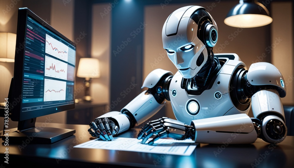 Poster in a modern workspace, a high-tech robot interacts with complex financial data on a computer, embody