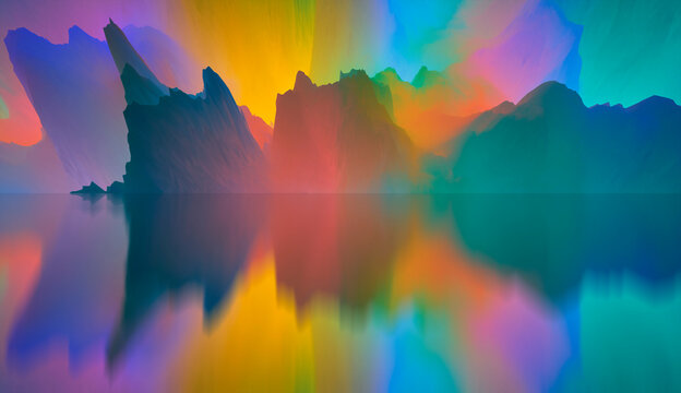 Magical world. Abstract Landscape, surreal lake and reflections. art, creativity and imagination
