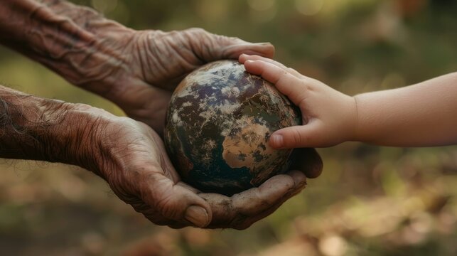 Old and young hands share Earth's weight, a timeless message of environmental inheritance and protection