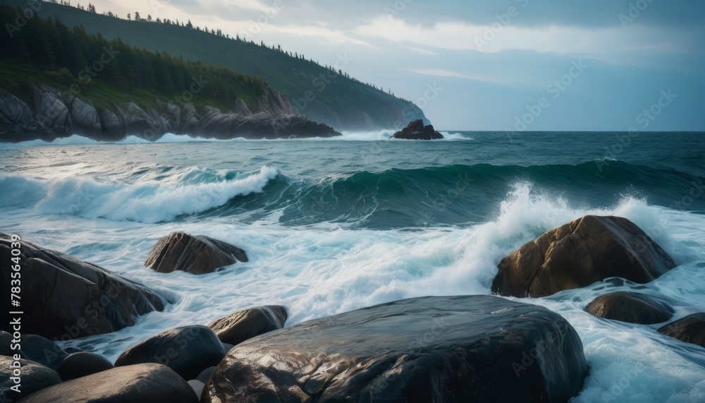 Poster dynamic seascape capturing powerful waves crashing against smooth, dark boulders under a stormy sky 