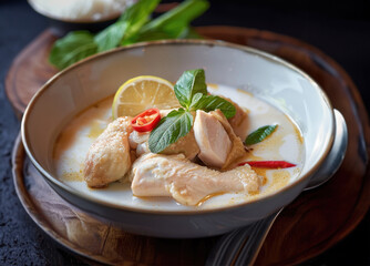 coconut milk soup with chicken ( Tom Kha Gai )  table top view, Thai local food Thailand's delicious national dish,