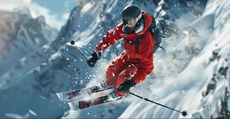 Fotobehang An athlete in a ski suit, he plunges down the slopes of a snowy mountain. gopro camera, in a photo journalism. For sport, snow, skiing © horizor