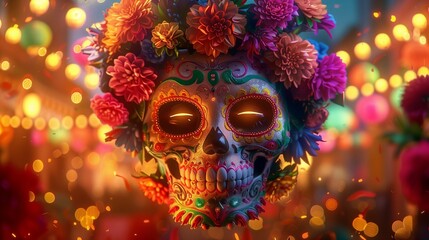 Amidst a sea of swirling colors and rhythmic beats, a flower skull mask takes center stage at a vibrant fiesta.
