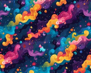 Colorful abstract painting with bright colors and a lot of movement.