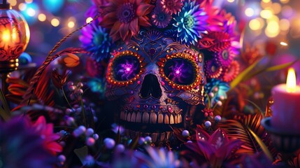 Amidst a sea of swirling colors and rhythmic beats, a flower skull mask takes center stage at a vibrant fiesta.