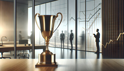 A shiny golden trophy stands prominently on a polished wooden desk, symbolizing achievement. - obrazy, fototapety, plakaty