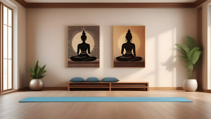 The interior of a cozy yoga room in beige burgundy tones.