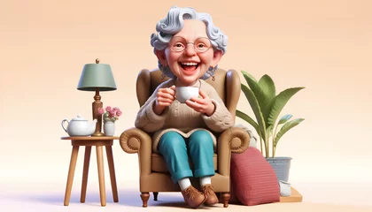 Fotobehang Joyful Elderly Woman: Humorous 3D Caricature in Armchair, Tea Time Delight: 3D Caricature of Elderly Woman Holding Teacup, Humorous Caricature: Elderly Woman in Armchair © Pankaj