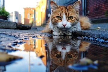 Curious Cat with Reflection on Water